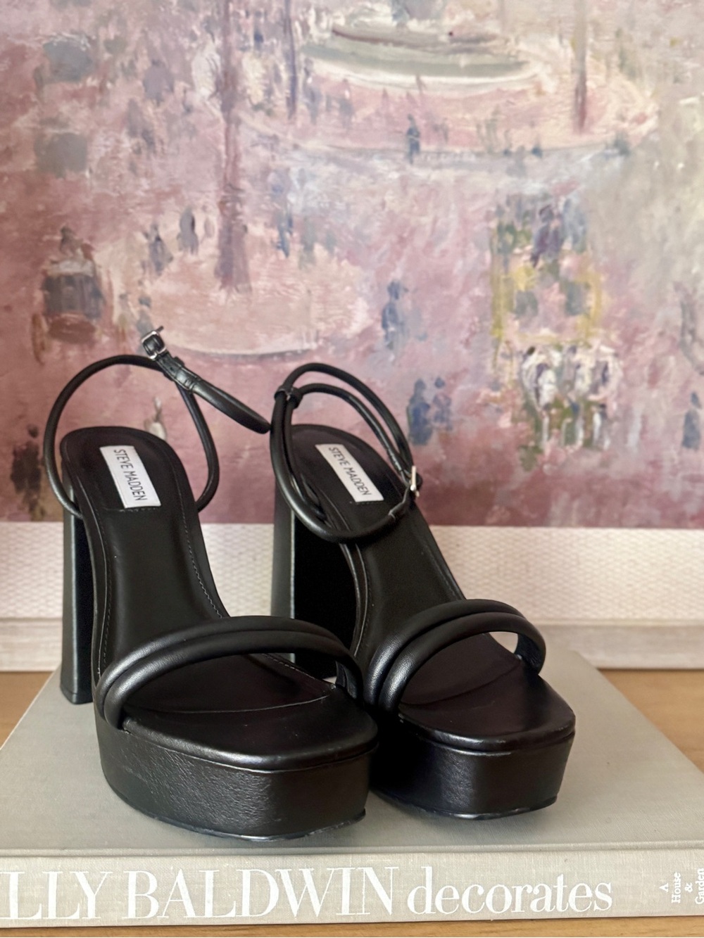 Steve Madden Black Leather Strappy Platform Block Heel Sandals - Size 9 - Picture 2 of 7